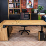 metal desk with wood