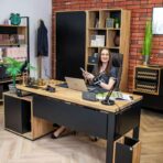 black wood desk with pedestal with cover under desk top