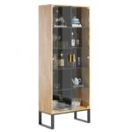 Minimalist glass display case with wooden sides. 80cm wide