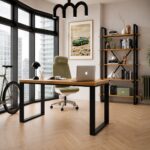 Desk with wooden top plus bookcase