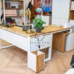 wood desk with metal