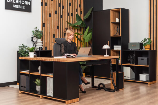 Wood and metal loft corner desk modern office right | Deerhorn Furnitures