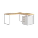 White corner desk with wooden top loft + pedestal