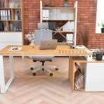 white desk with wooden top