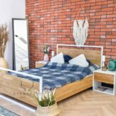 white wood and metal bed