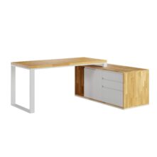 white desk with long pedestal with drawers and space for documents