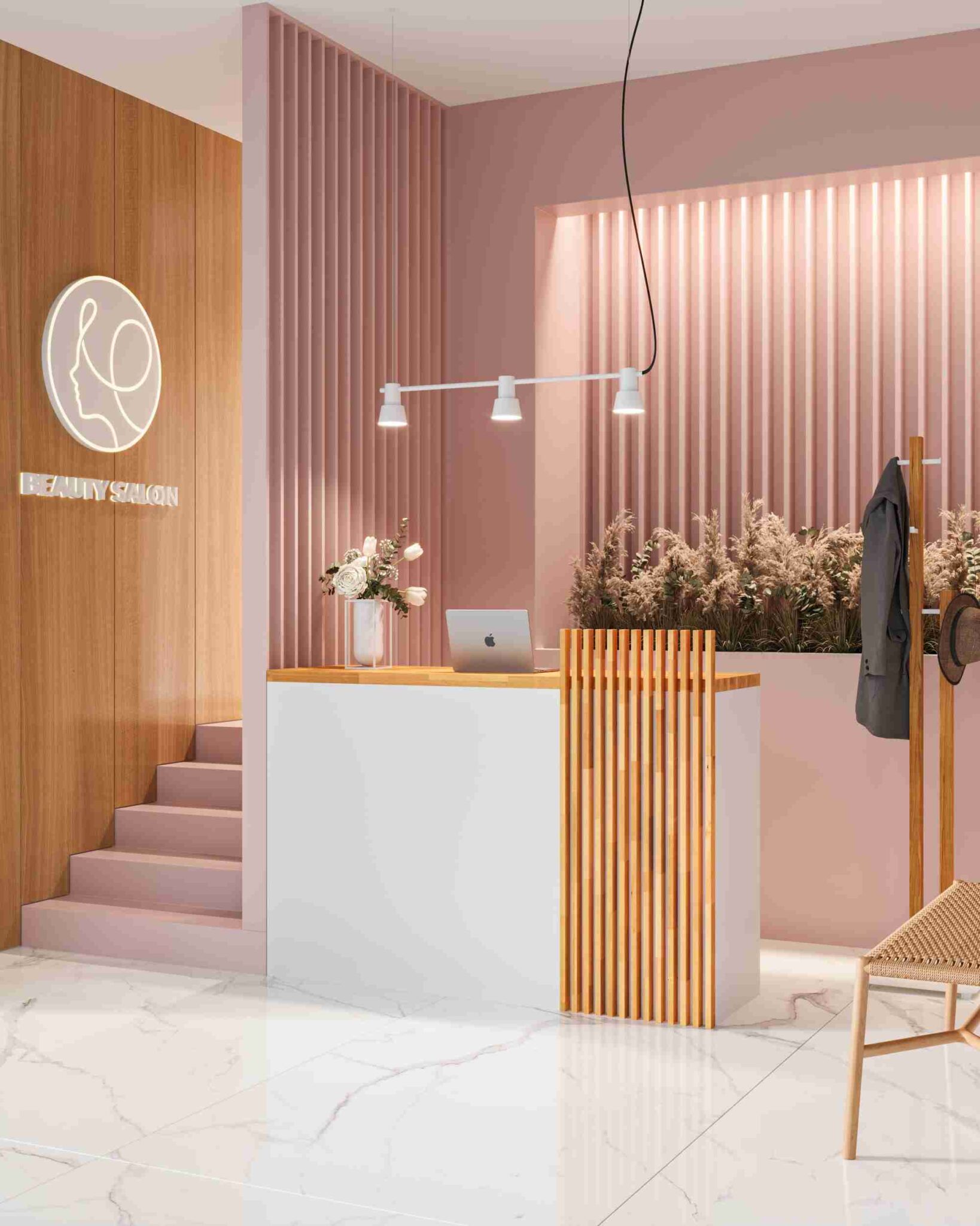 small white reception desk arrangement