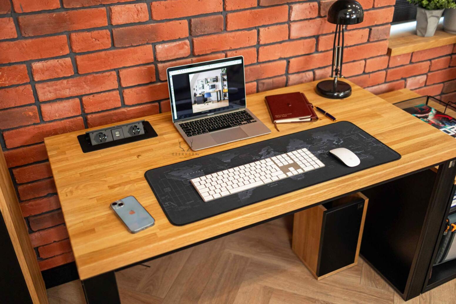 desk-with-wooden-top desk top with laptop and other office accessories