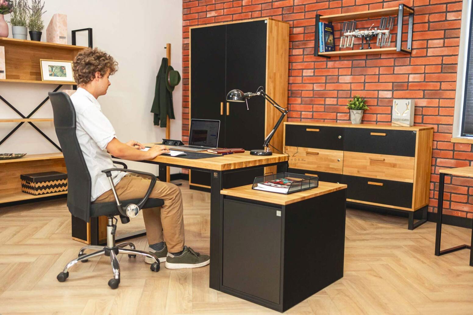 black-desk-with-wood black desk and capacious black pedestal