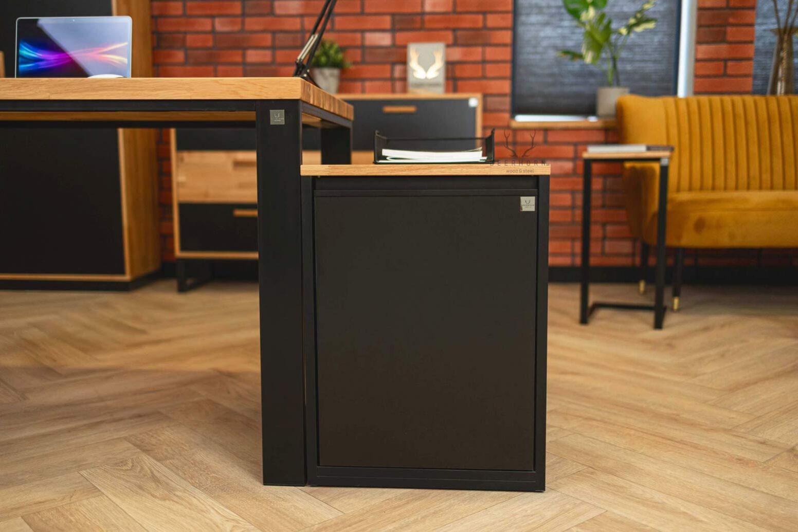 cabinet-desk closed cabinet standing next to the desk