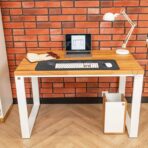 white desk with metal frame