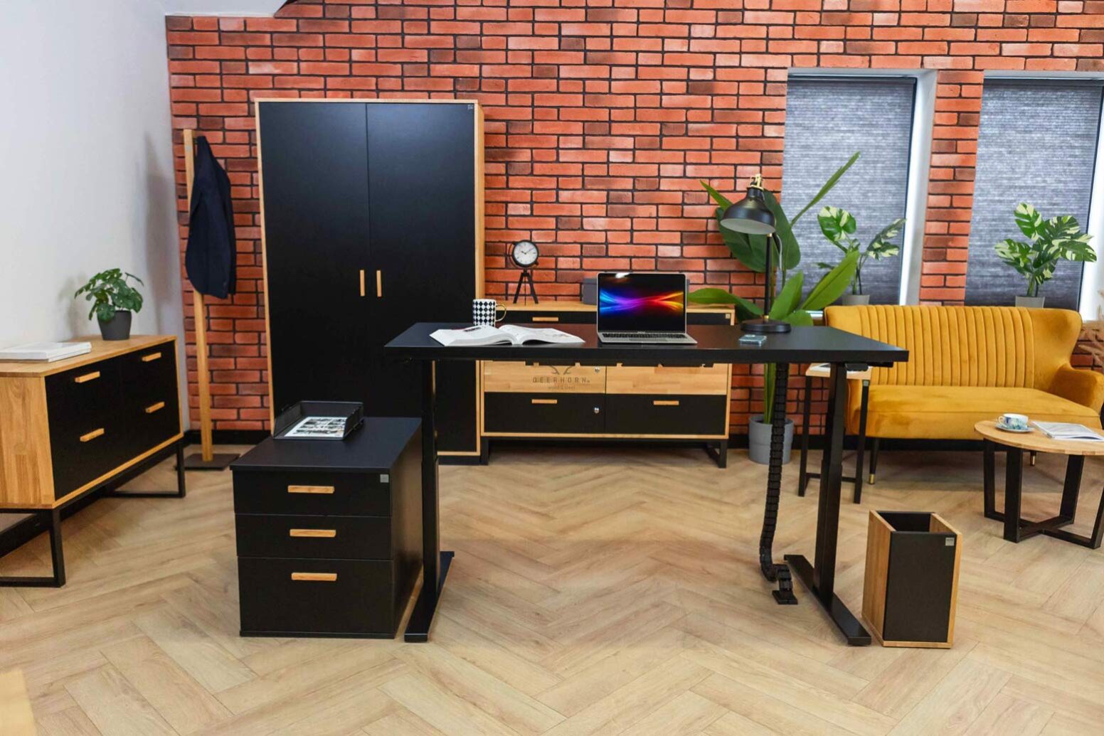 desk-black Black desk with other wood and metal furniture
