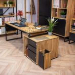 wooden desk with black elements