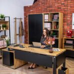 desk with black plate under the desk