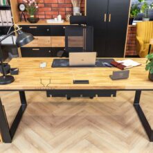 wood desk and accessories