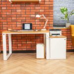 metal legs desk, office waste basket and pedestal with white front