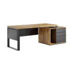 desk with wood and black elements and a pedestal on the right side