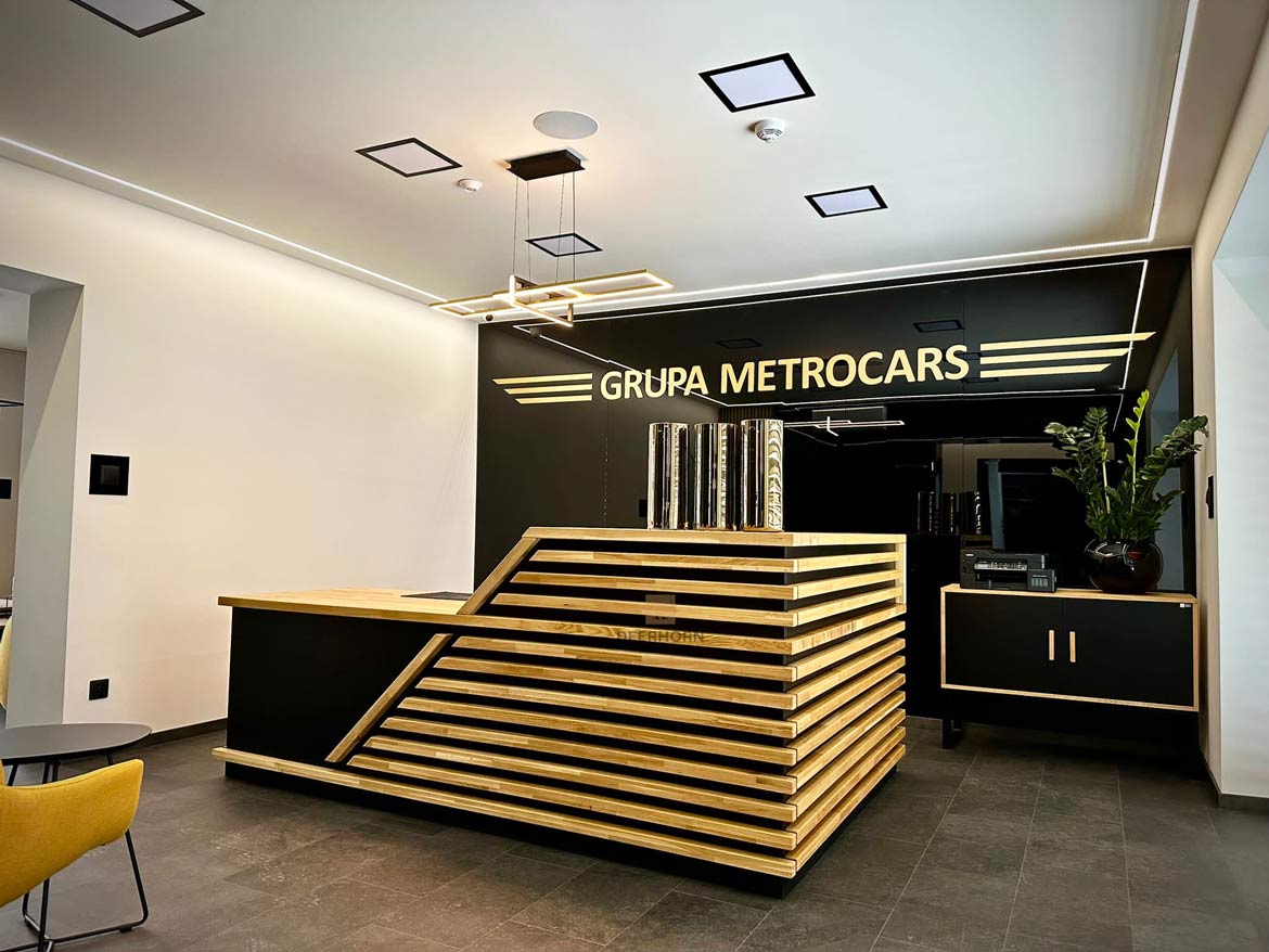 modern corner reception counter with slats