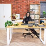 white desk with wooden top