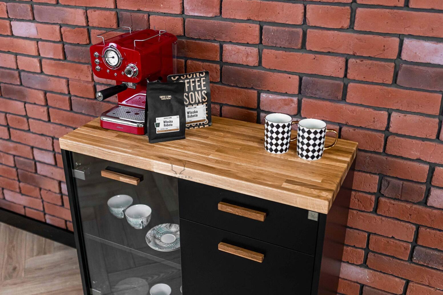 cupboard-under-express-coffee-door black cabinet under the coffee machine with cups and coffee