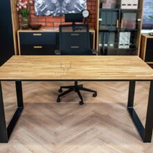 desk with wooden top and metal legs