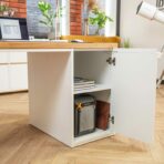 white desk with shelf