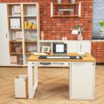 desk with wooden top, white pedestal