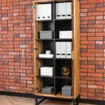 showcase with wooden body on metal legs