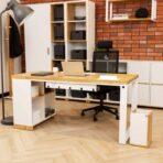 desk with white legs and bookcase on one side of the desk
