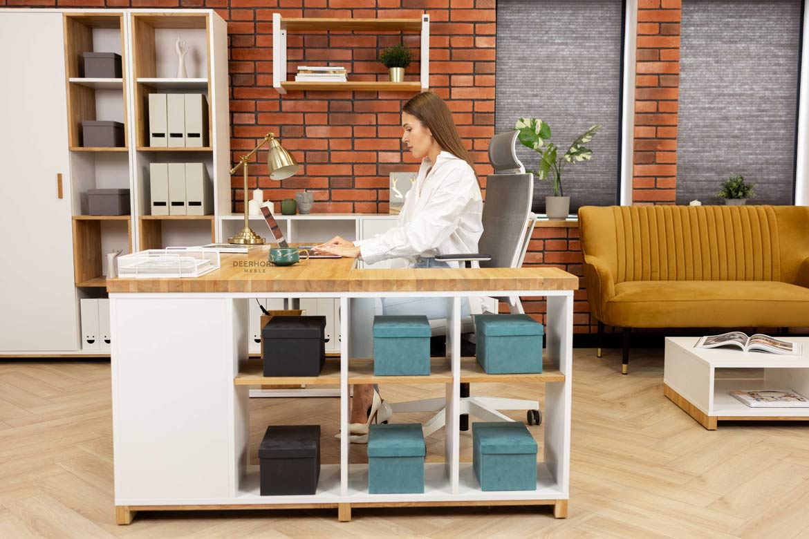 desk with bookcase and shelves