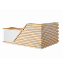 white modern reception desk with fins