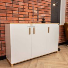 white wide chest of drawers with wood