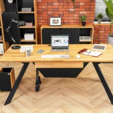 wooden desk with black legs