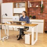 white Scandinavian desk with wooden top