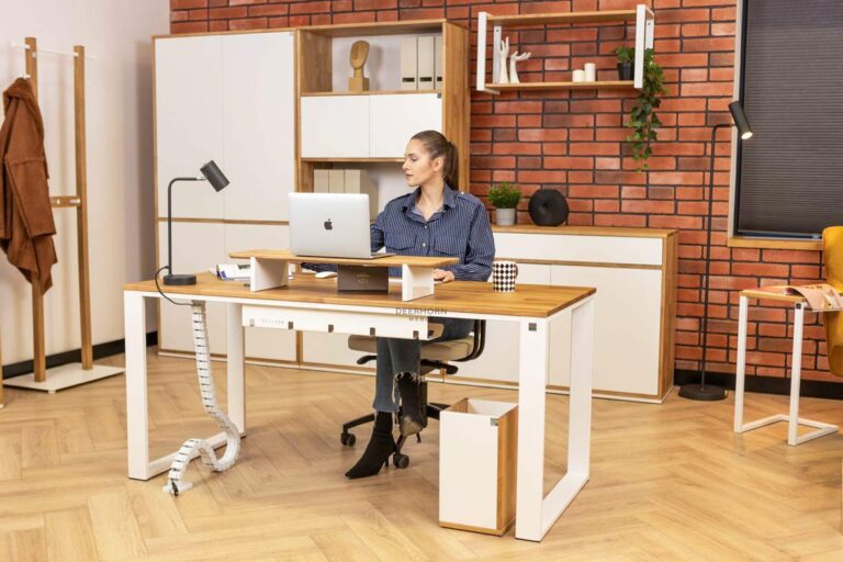 white Scandinavian desk with wooden top