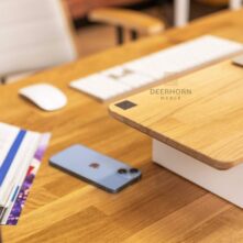 desk with laptop stand with wooden top