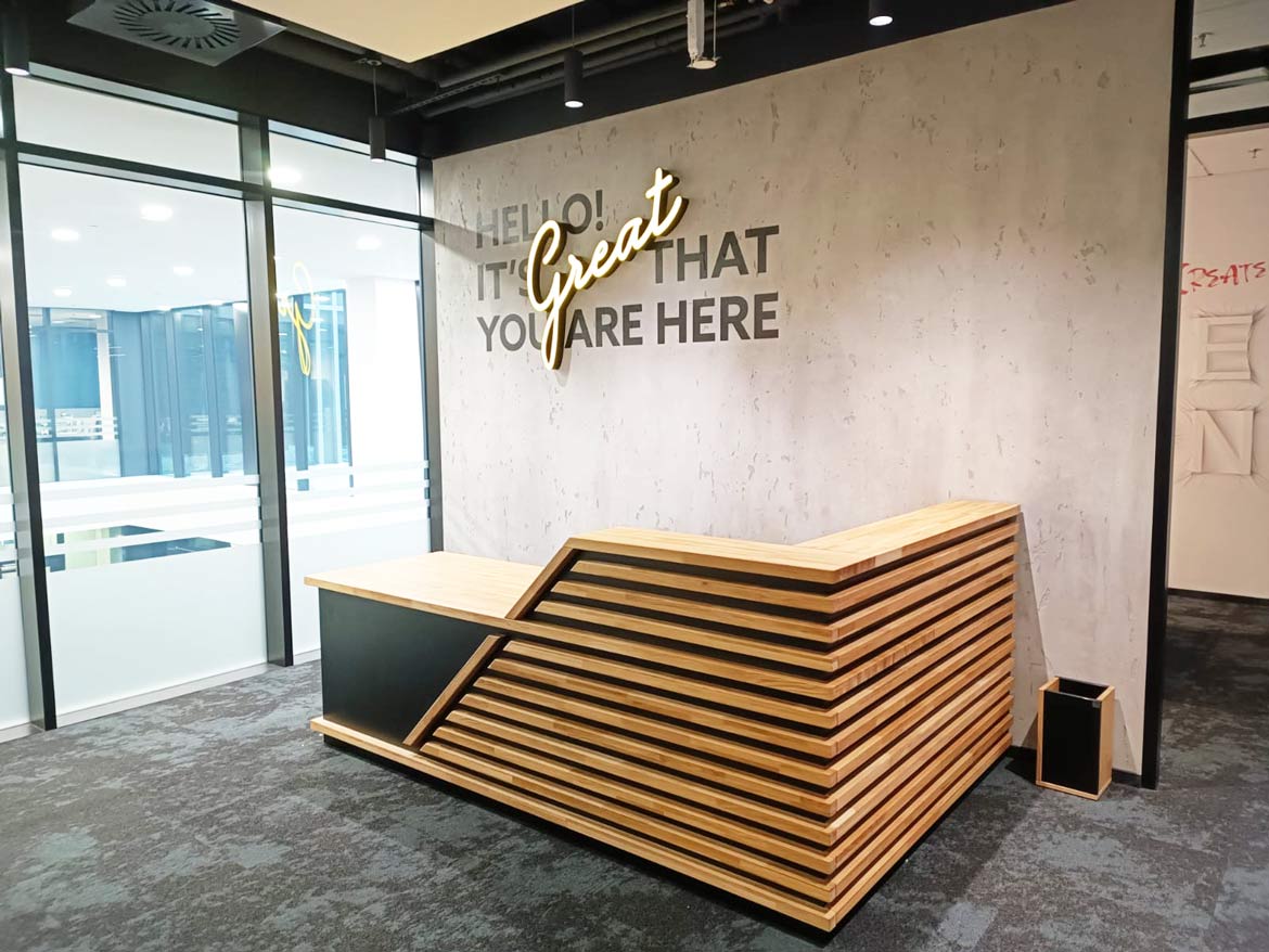 corner reception desk with slats