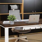 Wooden desks with brown top and white legs