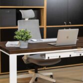 Wooden desks with brown top and white legs