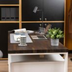 white large desk with brown top