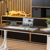 white Scandinavian desk with brown top