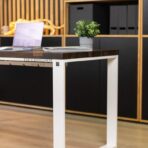 white desk with wooden top