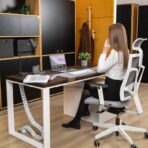 Office desk with brown top and white legs