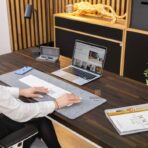 wooden desk with brown top