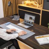 wooden desk with brown top