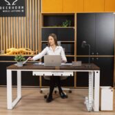 white wooden desk with brown top