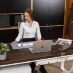 white computer desk with brown top