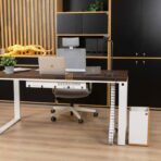 metal desk with brown top