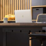 desk with wooden top and organizer under the desk