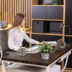 desk with brown wooden top